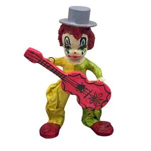 Vintage Stiff Fabric Paper Mache Guitar Playing Clown 5.5" Tall Made in Mexico
